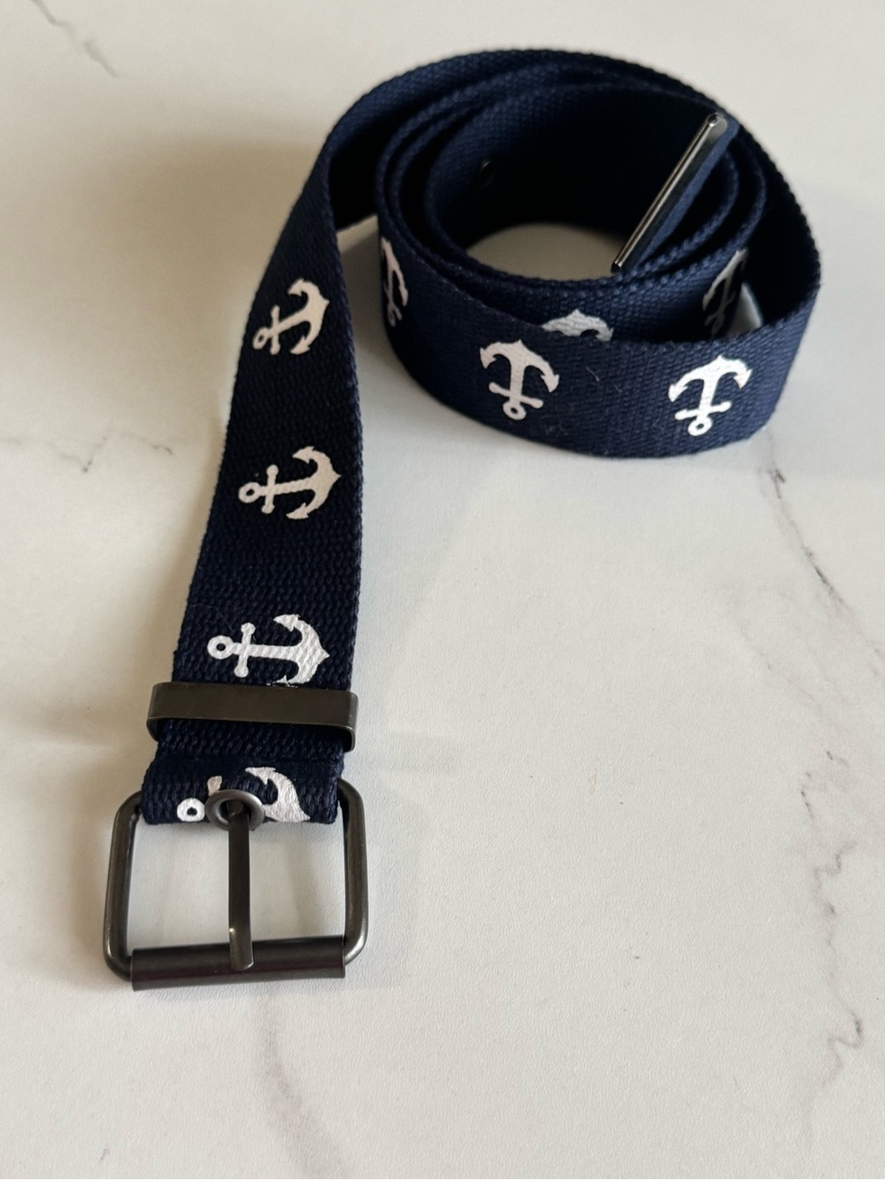 Navy Blue White Anchor Print Canvas Belt Nautical Adjustable Unisex size 40-42